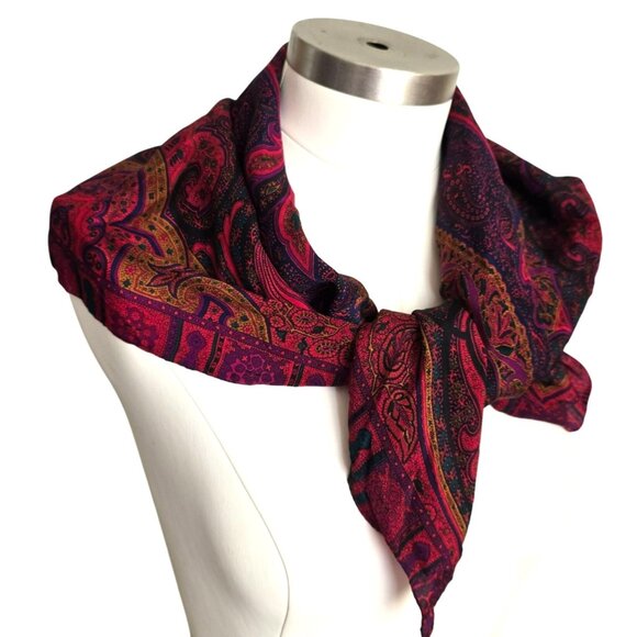 Liz Claiborne Silk Scarf Blue Red Purple Paisley Floral Hibiscus Flower DH722 - Picture 1 of 8